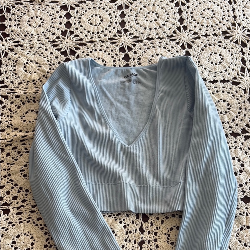 Garage Sky Blue Ribbed Long Sleeve Top